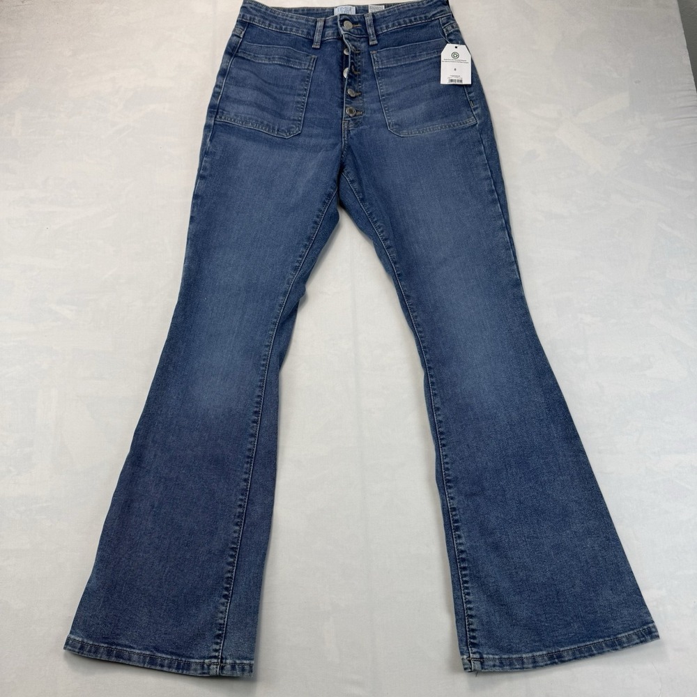 Time and Tru Women's Size 8 High Rise Button Fly Flare Jeans Patch Pockets NWT